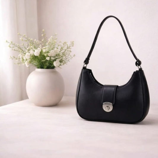 Luna Lock Shoulder Bag – with Metallic Clasp – Black